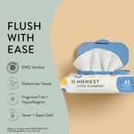 Honest Little Flushables pack with a wipe partially pulled from the blue lid beside icons noting EWG verified and hypoallergenic claims