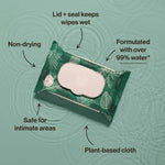 Overhead view of a green Honest flushable wipes pack with arrows pointing to features like lid seal, plant-based cloth and non-drying.