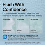 Informational graphic showing wipe breakdown at 0, 15, and 30 minutes with Honest Flushable Wipes flushability claims