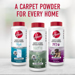 Three Hoover carpet & room refresh powder variants (fresh linen, eucalyptus, pet) displayed with headline 'A carpet powder for every home'