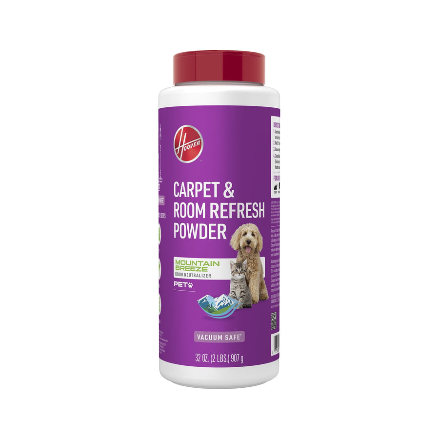 Hoover purple bottle of Carpet & Room Refresh Powder with pet image and mountain breeze label
