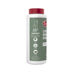 Hoover carpet & room refresh powder bottle showing side panel icons and vacuum-safe badge, red cap visible