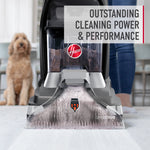 Close-up front view of a Hoover carpet cleaner head on light carpet with overlay text about outstanding cleaning power and performance.