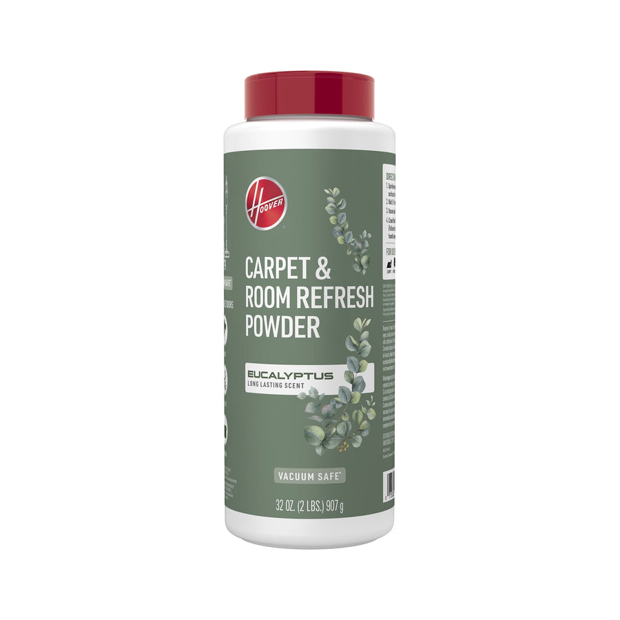Hoover eucalyptus-scent carpet & room refresh powder bottle with green label and red cap, front view