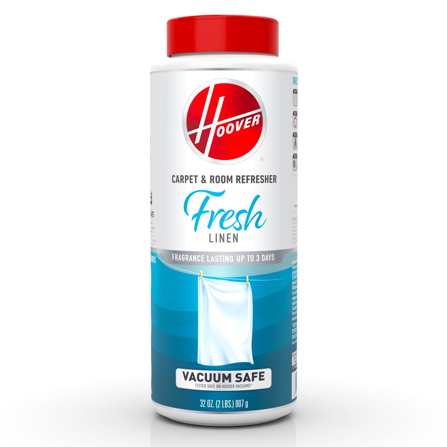 Front view of a Hoover Fresh Linen carpet and room refresher powder container with red cap