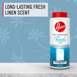 Hoover Fresh Linen carpet refresher container on a surface with text promoting long-lasting fresh linen scent