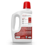 Rear view of a white Hoover carpet cleaner solution bottle showing directions, warnings and a barcode on the label.
