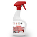Rear view of white spray bottle with red trigger showing directions, barcode and warning panel on label