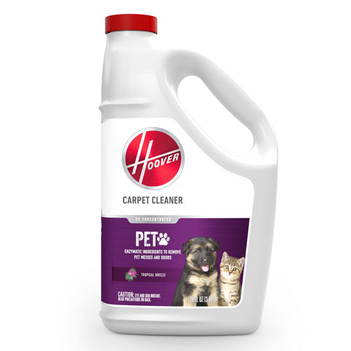 White jug of Hoover carpet cleaner with red logo and purple pet label showing a dog and cat on the front