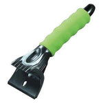 Close-up of an ice scraper featuring a green contoured foam handle and black chisel blade