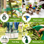 Four-panel collage showing horticultural coil, colorful plant labels, a tool bag filled with hand tools and a watering spray bottle