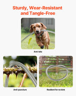 Three-panel lifestyle graphic showing hose anti-bite, anti-puncture and kink-resistant performance