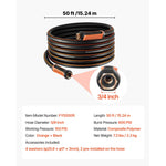 Product shot of a coiled black and orange garden hose with a zoomed inset showing a 3/4 inch connector and a spec table beneath.