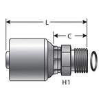Technical line drawing of a hose fitting with labeled dimensions L, C, H1 and a separate O-ring illustration