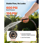 Hand-held hose nozzle spraying water with overlaid text highlighting 600 PSI burst and 150 PSI working pressure, plus connector close-up.