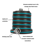 Stacked coiled garden hose with teal stripe and labeled callouts pointing to features like UV protection and metal connections