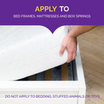 Lifestyle image of a person lifting a mattress edge with overlay text advising application to bed frames, mattresses and box springs