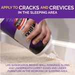 Hand pouring product along baseboard with header text ‘Apply to cracks and crevices in the sleeping area’