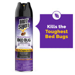 Tall aerosol can of Hot Shot Pyrethroid-Resistant Bed Bug Killer with purple label and product callouts on white background.