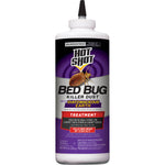 White squeeze bottle of Hot Shot Bed Bug Killer Dust with purple label showing a bed bug illustration and treatment text