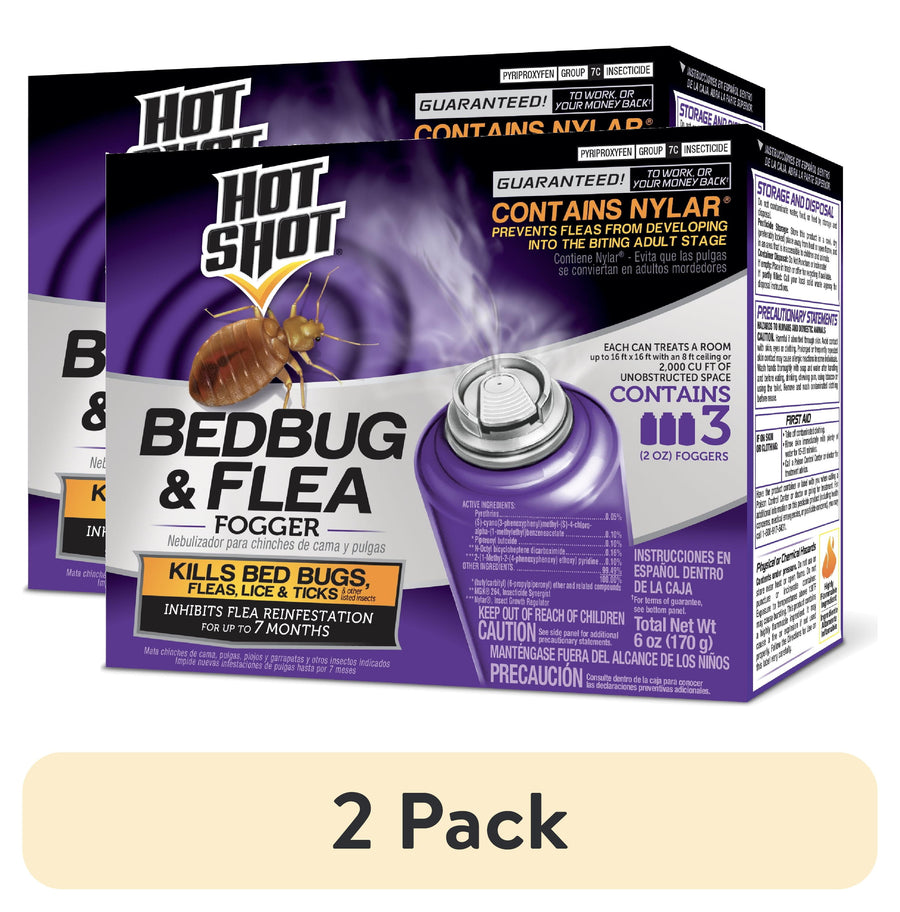 Two boxed Hot Shot Bedbug & Flea Fogger packs shown with purple packaging and a fogger canister illustration