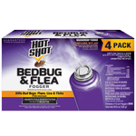 Hot Shot Bedbug & Flea fogger four-pack retail box with purple design and product labeling.