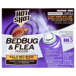 Retail box of Hot Shot Bedbug & Flea fogger with purple branding, product name, insect illustration and can graphic on front