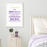 Staged bedroom scene with a Hot Shot bottle on a bedside table and framed text recommending use as part of a comprehensive bed bug treatment plan