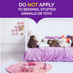 Child's bedroom scene with stuffed animals on a bed and overlay text warning not to apply product to bedding, stuffed animals or toys