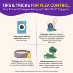 Illustrated tips and tricks panel for flea control showing laundry, vacuum, pet treatment and outdoor area icons
