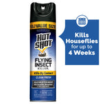 Single Hot Shot Flying Insect Killer aerosol can with blue label and callout graphic reading 'Kills Houseflies for up to 4 Weeks'