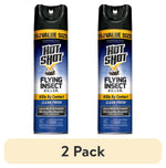 Two Hot Shot aerosol cans of Flying Insect Killer with blue labels and 'value size' banner, shown side by side
