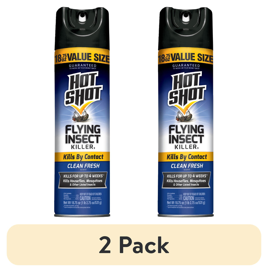 Two Hot Shot aerosol cans of Flying Insect Killer with blue labels and 'value size' banner, shown side by side