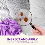 Magnifying glass over bedding revealing illustrated bed bugs with caption “Inspect and Apply” and inspection guidance text.