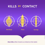 Purple infographic panel showing target crosshairs on illustrations of bed bugs, fleas and earwigs with text 'Kills by contact'