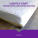 Corner view of a mattress on a bed frame with overlay text ‘Lightly coat where pests are found and hide’