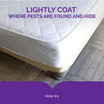 Corner of a mattress on a bed frame with text 'Lightly coat where pests are found and hide' and 'Keep dry' instruction