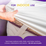 Close-up photo of a hand lifting a mattress cover with overlay text ‘For Indoor Use’ and treatment instructions