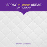 Close-up quilted mattress surface with header text ‘Spray intended areas until damp’ and note ‘Do not saturate’