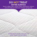 Close-up textured mattress surface with overlay warning text 'Do not treat entire surface' and vacuum instructions