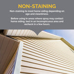 Close-up photo of house siding with overlay text stating the product is non-staining