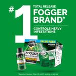 Promotional green graphic proclaiming #1 total release fogger brand with product box and can visuals