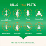 Green infographic showing target icons for pests including ants, crickets, fleas, houseflies, mosquitoes and roaches