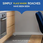 Corner-of-kitchen lifestyle image showing a bait station placed on the floor with instruction to 'Place on flat surface'