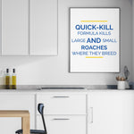 Kitchen scene with framed text graphic reading 'Quick-kill formula kills large and small roaches where they breed'