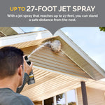 Lifestyle image of a person spraying a wasp nest under eaves with text about a 27-foot jet spray