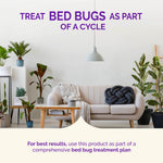 Living room lifestyle image with headline advising to treat bed bugs as part of a cycle and brief usage recommendation below.
