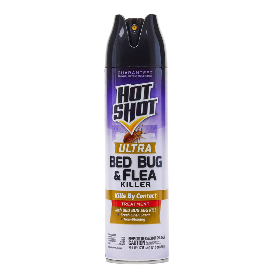 Tall Hot Shot Ultra bed bug & flea aerosol can with purple and white label shown on white background.