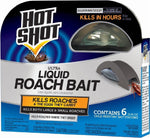 Hot Shot Ultra Liquid Roach Bait retail box showing product name, badge, bait station image and 'Contains 6' callout