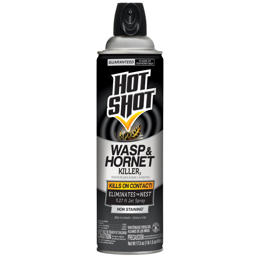 Front view of a Hot Shot Wasp & Hornet Killer aerosol can with black-and-gray label and trigger nozzle